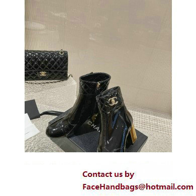 Chanel Gold Heel 7cm Patent Goatskin Short Boots G39736 Black 2023