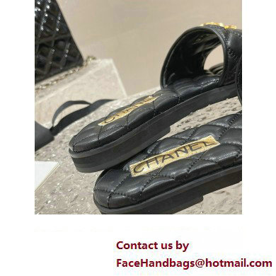 Chanel Heel 2cm Gold CC Logo Lambskin Quilting Mules G45014 Black 2023