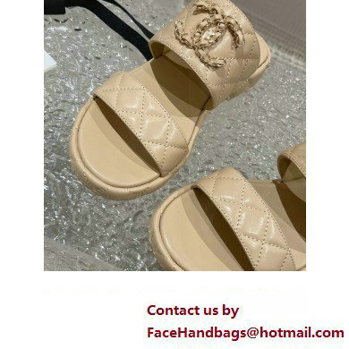 Chanel Heel 3cm Gold CC Logo Lambskin Quilting Mules Sandals Beige 2023