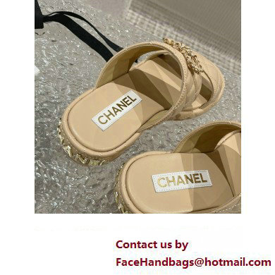 Chanel Heel 3cm Gold CC Logo Lambskin Quilting Mules Sandals Beige 2023