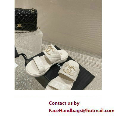 Chanel Heel 3cm Gold CC Logo Lambskin Quilting Mules Sandals White 2023