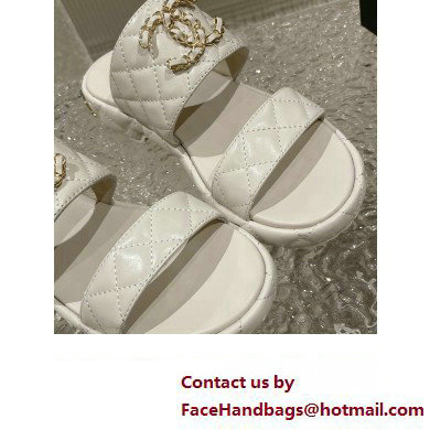 Chanel Heel 3cm Gold CC Logo Lambskin Quilting Mules Sandals White 2023