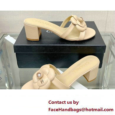 Chanel Heel 5.5cm Camellia and Pearl Mules Beige 2023