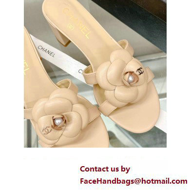 Chanel Heel 5.5cm Camellia and Pearl Mules Beige 2023