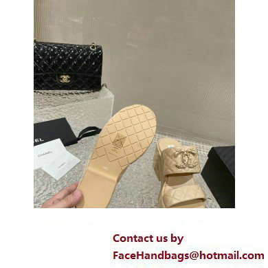 Chanel Heel 7.5cm Gold CC Logo Lambskin Quilting Platform Mules Sandals Beige 2023