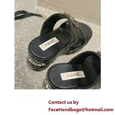 Chanel Heel 7.5cm Gold CC Logo Lambskin Quilting Platform Mules Sandals Black 2023