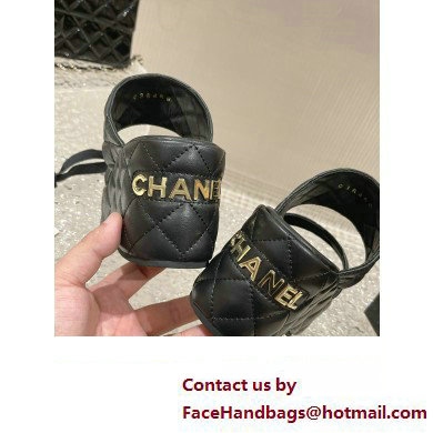 Chanel Heel 7.5cm Gold CC Logo Lambskin Quilting Platform Mules Sandals Black 2023