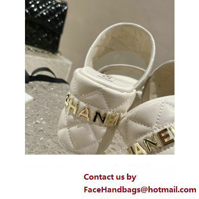 Chanel Heel 7.5cm Gold CC Logo Lambskin Quilting Platform Mules Sandals White 2023