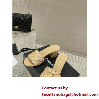 Chanel Heel 7cm Gold CC Logo Lambskin Quilting Mules G45014 Beige 2023