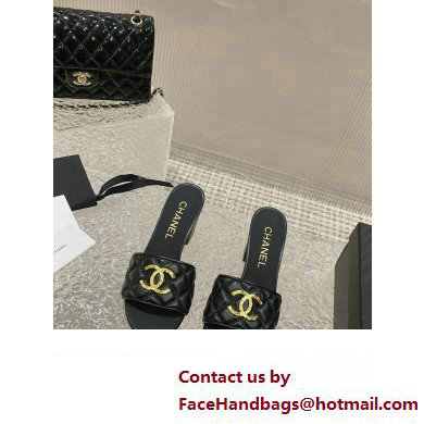 Chanel Heel 7cm Gold CC Logo Lambskin Quilting Mules G45014 Black 2023