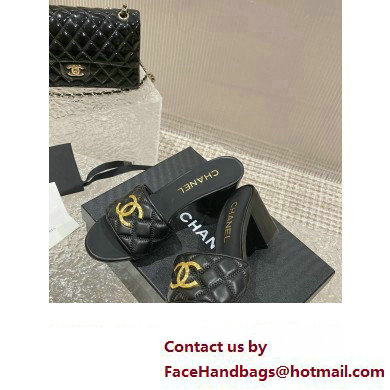 Chanel Heel 7cm Gold CC Logo Lambskin Quilting Mules G45014 Black 2023