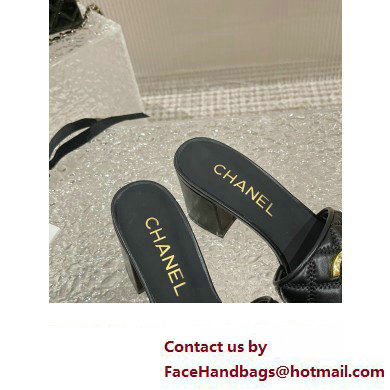 Chanel Heel 7cm Gold CC Logo Lambskin Quilting Mules G45014 Black 2023