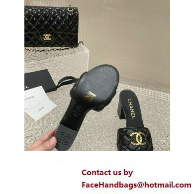 Chanel Heel 7cm Gold CC Logo Lambskin Quilting Mules G45014 Black 2023