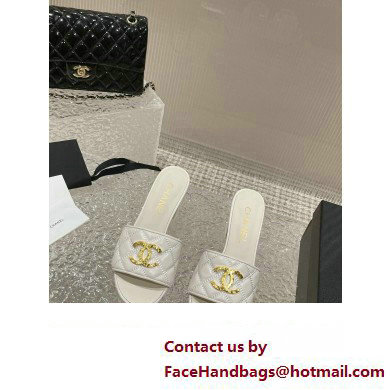 Chanel Heel 7cm Gold CC Logo Lambskin Quilting Mules G45014 White 2023