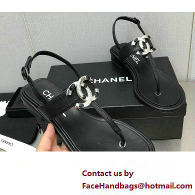 Chanel Metal CC Logo Thong Sandals Grained Leather Black 2023