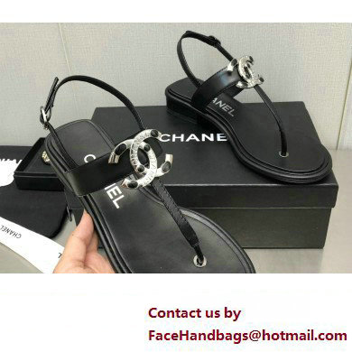 Chanel Metal CC Logo Thong Sandals Smooth Leather Black 2023