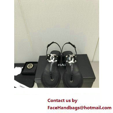 Chanel Metal CC Logo Thong Sandals Smooth Leather Black 2023