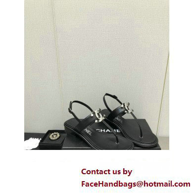 Chanel Metal CC Logo Thong Sandals Smooth Leather Black 2023