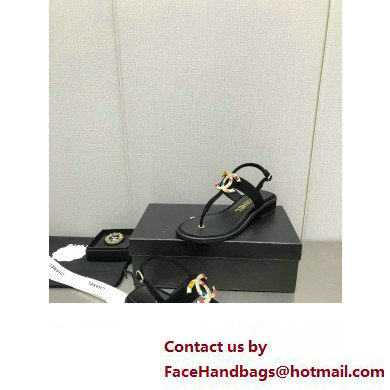 Chanel Metal CC Logo Thong Sandals Suede Black 2023