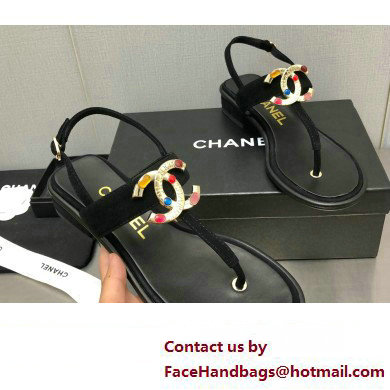 Chanel Metal CC Logo Thong Sandals Suede Black 2023