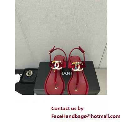 Chanel Metal CC Logo Thong Sandals Suede Burgundy 2023