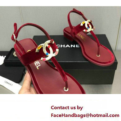 Chanel Metal CC Logo Thong Sandals Suede Burgundy 2023