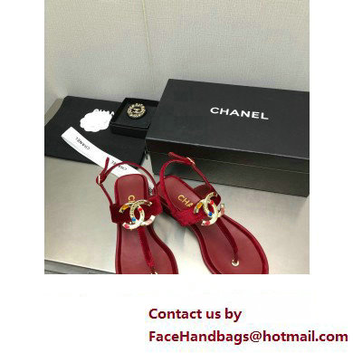 Chanel Metal CC Logo Thong Sandals Suede Burgundy 2023