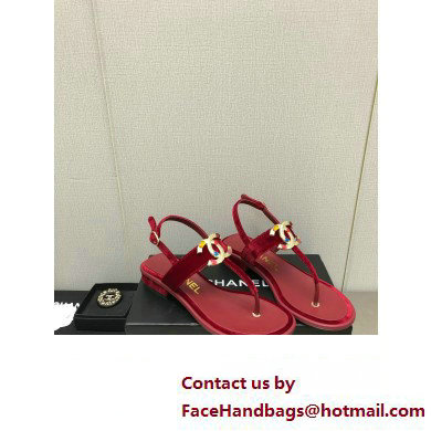 Chanel Metal CC Logo Thong Sandals Suede Burgundy 2023