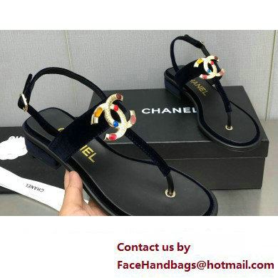 Chanel Metal CC Logo Thong Sandals Suede Dark Blue 2023