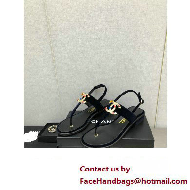 Chanel Metal CC Logo Thong Sandals Suede Dark Blue 2023