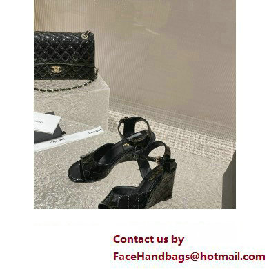 Chanel Quilting Wedge Sandals Patent Black 2023