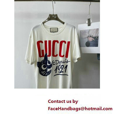 GUCCI white cotton t-shirt with cat printed 2023