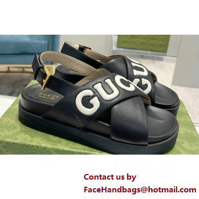 Gucci script Leather Sandals 738691 Black/White 2023 - Click Image to Close