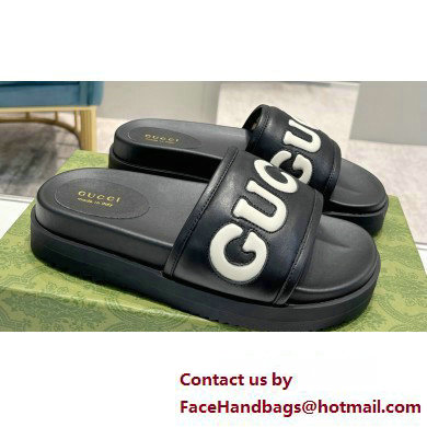 Gucci script Leather Slide Sandals Black/White 2023