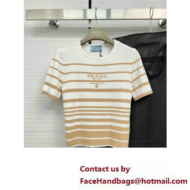 PRADA STRIPED KNIT T-SHIRT BEIGE/WHITE 2023