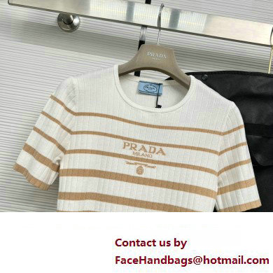 PRADA STRIPED KNIT T-SHIRT BEIGE/WHITE 2023