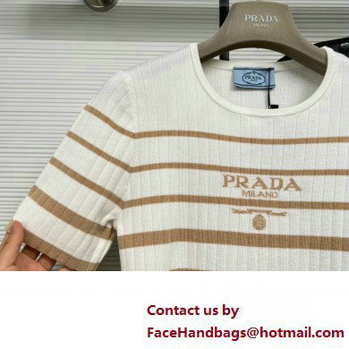 PRADA STRIPED KNIT T-SHIRT BEIGE/WHITE 2023