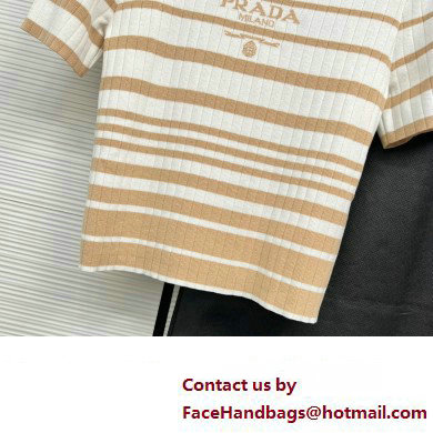 PRADA STRIPED KNIT T-SHIRT BEIGE/WHITE 2023