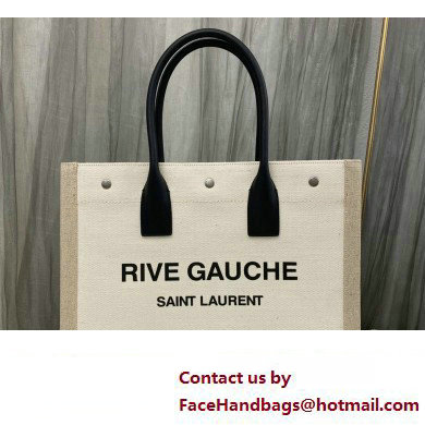 Saint Laurent rive gauche small shopping Tote bag in linen and leather 617481 White