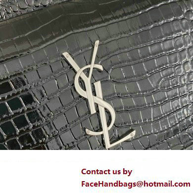 Saint Laurent sunset chain wallet in crocodile-embossed shiny leather 533026 Black/Silver