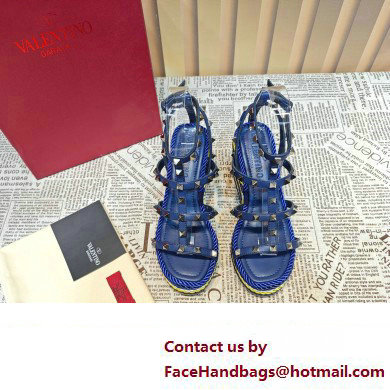 Valentino Heel 9.5cm Platform 3.5cm Rockstud ankle strap wedge sandals in calfskin Blue/Multicolor 2023