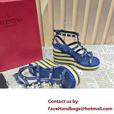 Valentino Heel 9.5cm Platform 3.5cm Rockstud ankle strap wedge sandals in calfskin Blue/Multicolor 2023