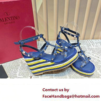 Valentino Heel 9.5cm Platform 3.5cm Rockstud ankle strap wedge sandals in calfskin Blue/Multicolor 2023