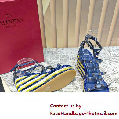 Valentino Heel 9.5cm Platform 3.5cm Rockstud ankle strap wedge sandals in calfskin Blue/Multicolor 2023