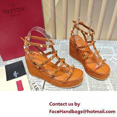 Valentino Heel 9.5cm Platform 3.5cm Rockstud ankle strap wedge sandals in calfskin Brown 2023