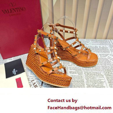 Valentino Heel 9.5cm Platform 3.5cm Rockstud ankle strap wedge sandals in calfskin Brown 2023