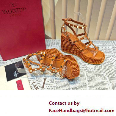 Valentino Heel 9.5cm Platform 3.5cm Rockstud ankle strap wedge sandals in calfskin Brown 2023