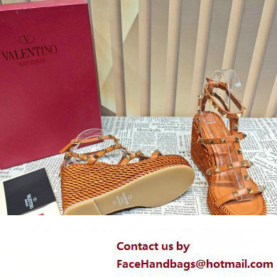 Valentino Heel 9.5cm Platform 3.5cm Rockstud ankle strap wedge sandals in calfskin Brown 2023