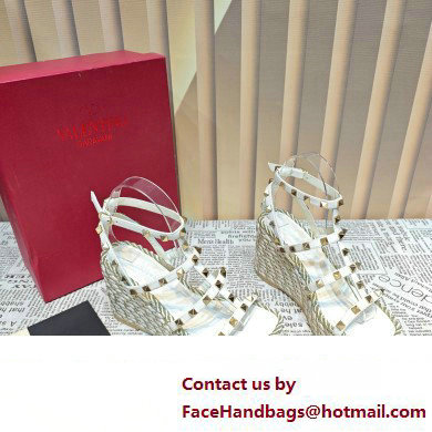 Valentino Heel 9.5cm Platform 3.5cm Rockstud ankle strap wedge sandals in calfskin White 2023