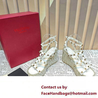 Valentino Heel 9.5cm Platform 3.5cm Rockstud ankle strap wedge sandals in calfskin White 2023